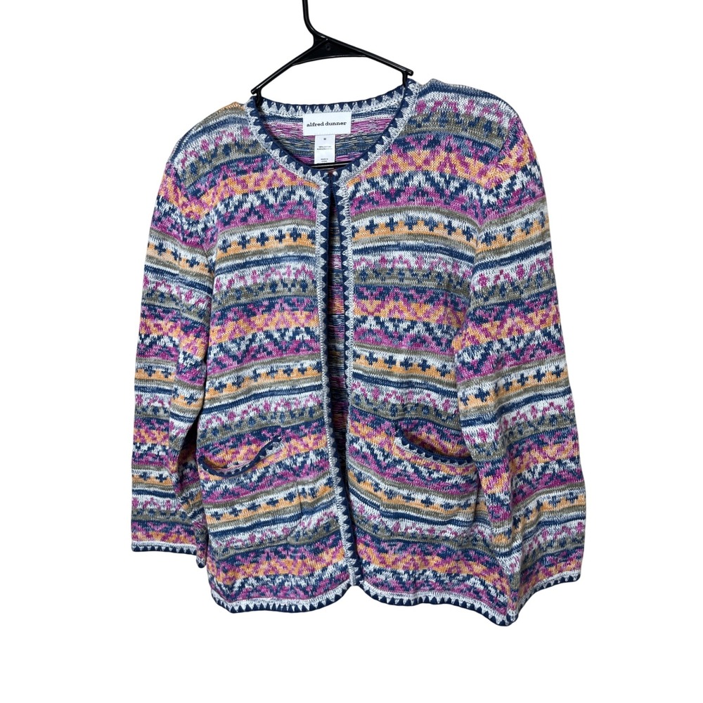 Alfred Dunner Cardigan Sweater Womens M‎ Medium Multicolor Knit Cotton Pockets